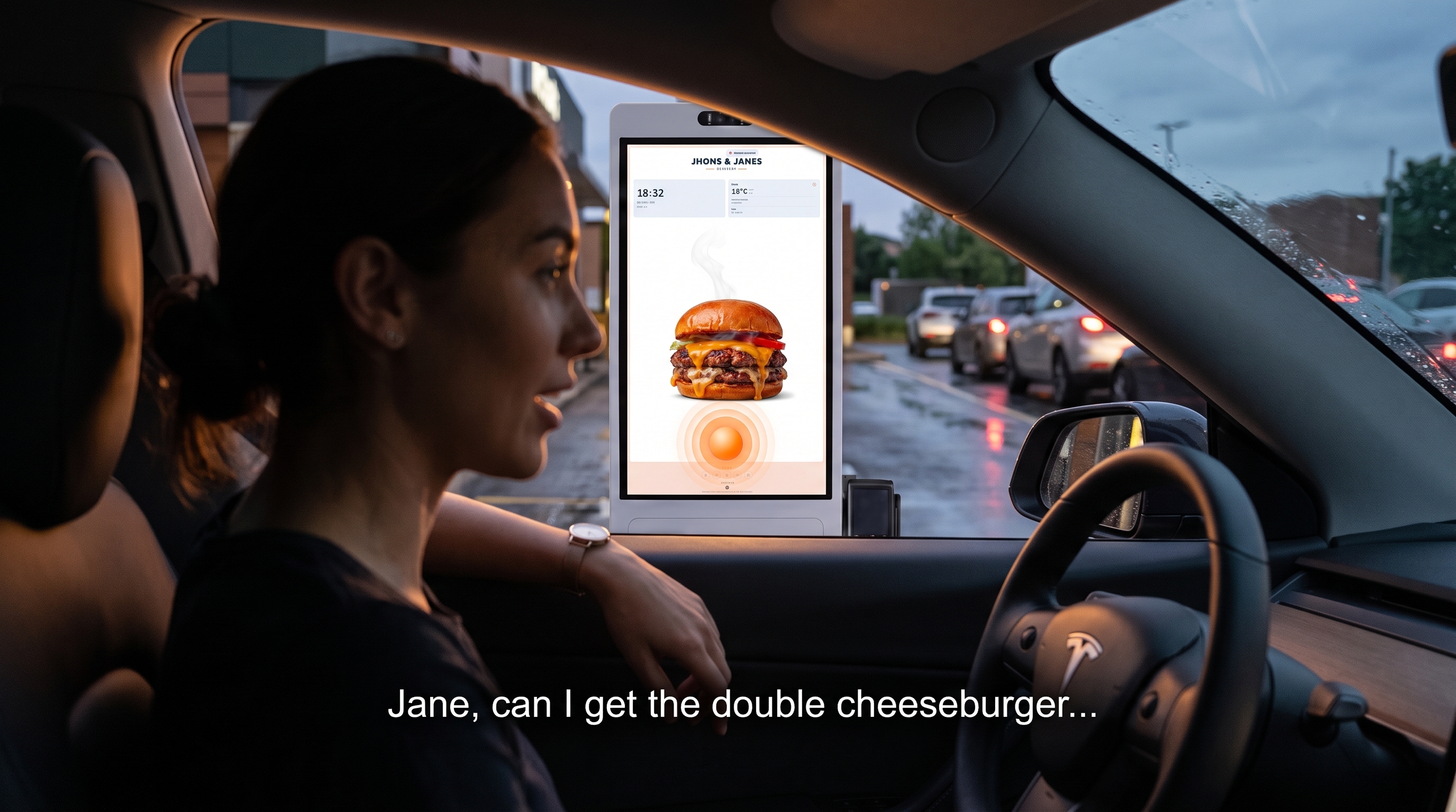 Driver ordering by voice at the Jhons & Janes drive-thru while the KIOSK.i4 totem shows the menu on screen
