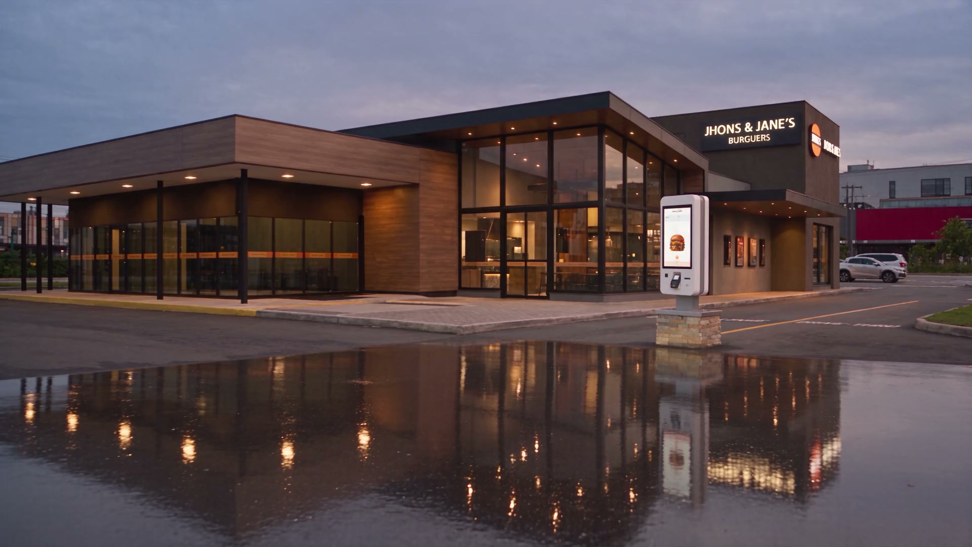 Jhons & Janes drive-thru lane at dusk with the KIOSK.i4 voice totem