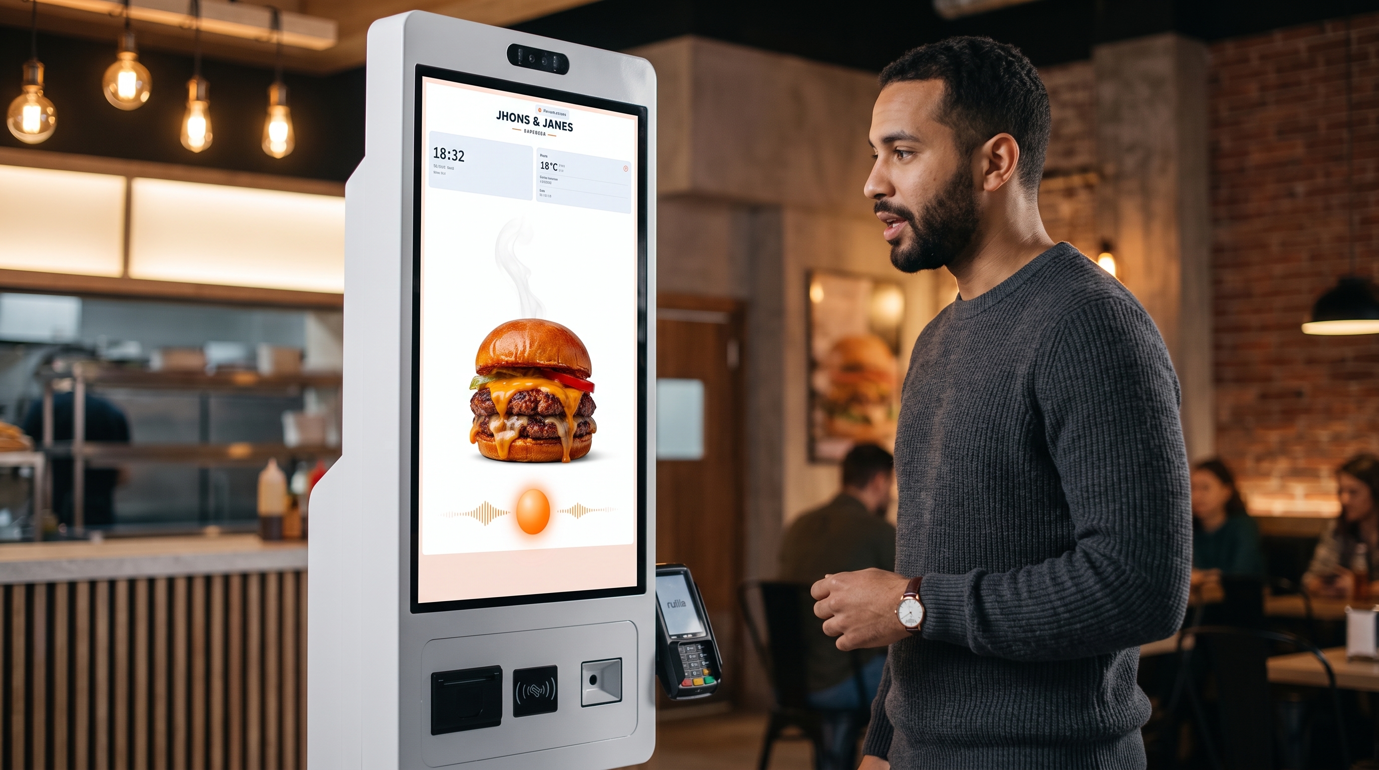 Customer ordering by voice at the KIOSK.i4 self-ordering kiosk inside a Jhons & Janes restaurant